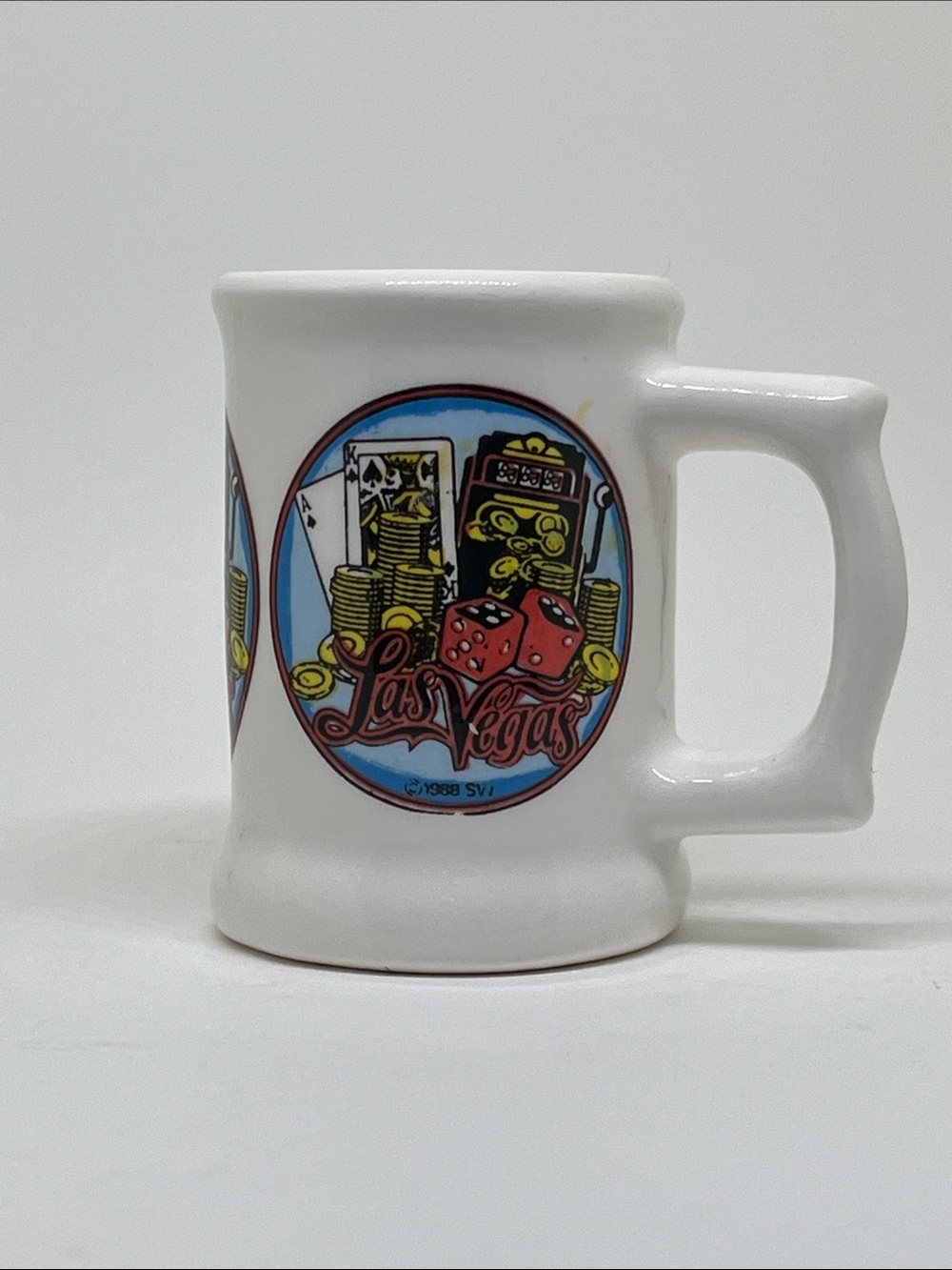 White Las Vegas Ceramic Vintage Mug (Shot Glass) with Colorful Casino Graphic